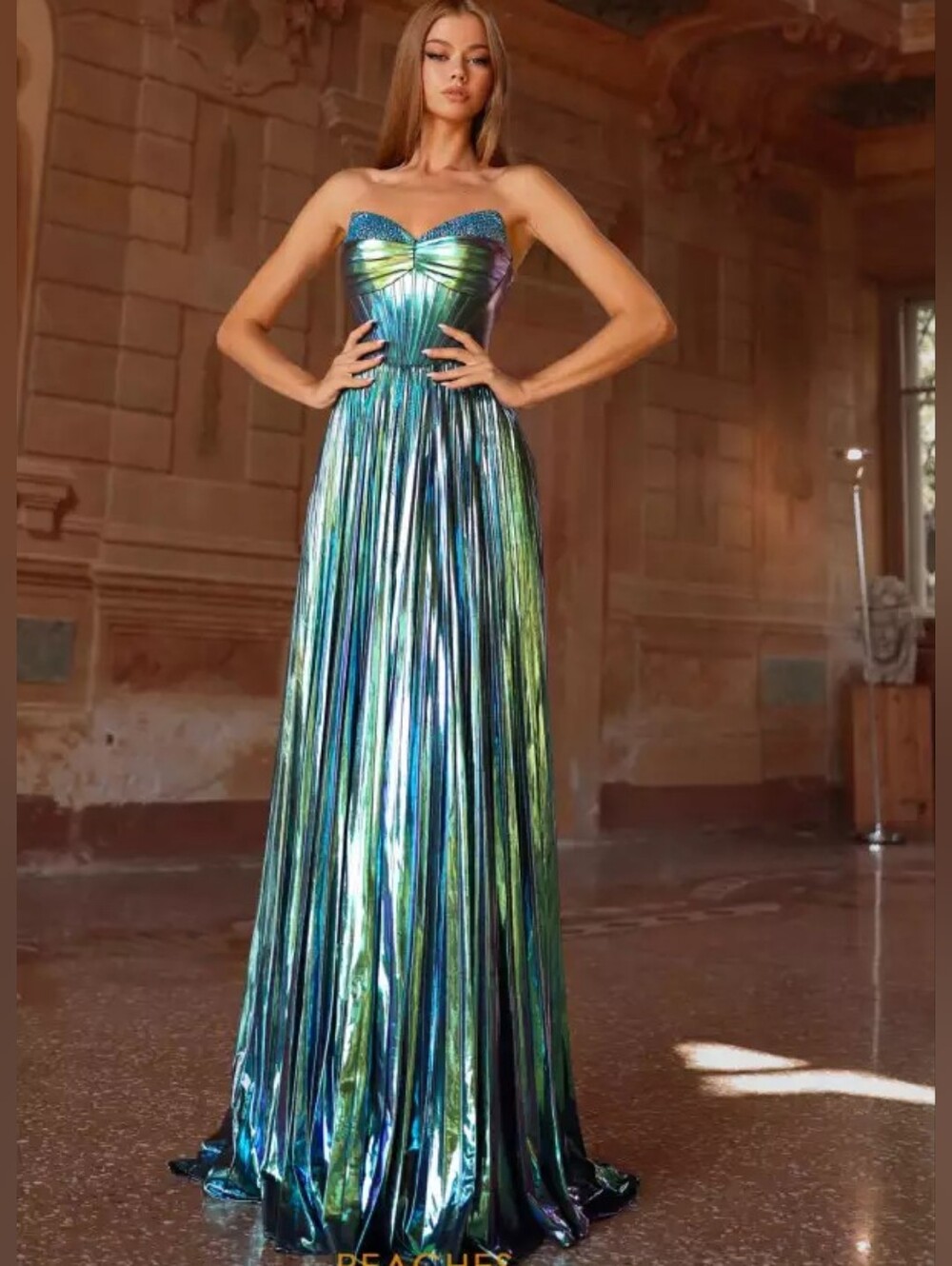NWT Alyce Paris Strapless Iridescent Metallic Green-Blue Evening Gown